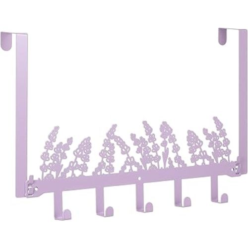 Purple Lavender Flower Over The Door Hooks Wall Mount Towel Hanger Cute Door Holder Rack with 5 Hooks Hanging Towel, Coat Keys, Bags, Clothes for Bedroom Bathroom Kitchen Dorm Room Organizer