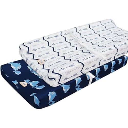 BlueSnail Print Changing pad Cover Set 2PK, Breathable and Comfortable Changing Pad Cover for Boys and Girls (Navy+ Navy)