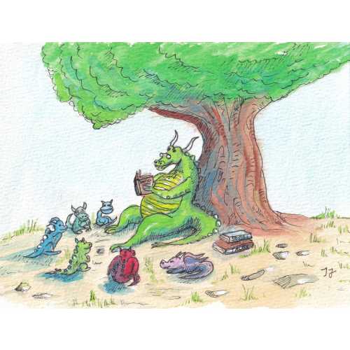 Watercolor and Ink Grandpa Dragon Reading Prints