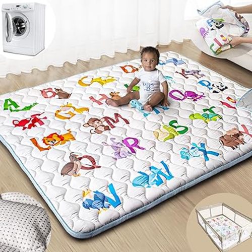 Baby Play Mats for Floor, 71”x59” Upgraded Thickness & Larger Super Soft Playmat for Babies and Toddlers, Foldable Washable, Upgrade Anti-Slip Crawling Mat for Playpen(Animal Alphabets)
