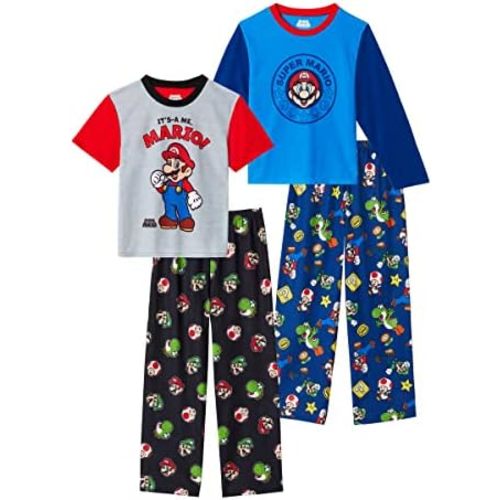 SUPER MARIO Boys Pajamas for Kids | 4 Piece Sleepwear Sets for Boys Sleep Shirts and Pajama Bottoms for Big Boy and Toddlers