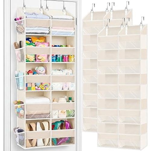 2 Pack Over the Door Organizer 5 Tiers, Extra Large Behind Door Storage of 10 Compartments, 80 lbs Weight Capacity Over Door Organizer, Door Hanging Organizer for Closet, Diaper Organizer, Beige
