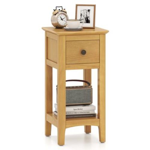 Costway Nightstand 3-Tier Bedside Table w/ Open Storage Shelf & Narrow Side Table Natural