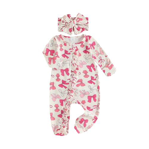 mlpeerw Newborn Baby Girl Outfits Bow/Plaid Print Footed Jumpsuit Ruffle Zipper Romper Cute Fall Baby Coming Home Outfit