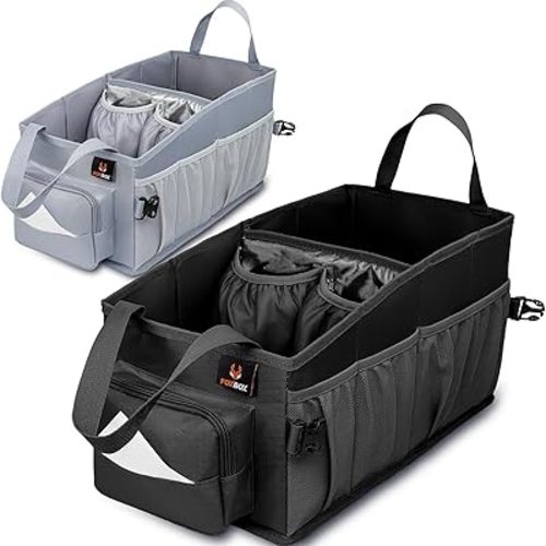 Easy-to-Reach Kids Car Organizer with Tissue Box and Cup Holder for Back Seat, Front Seat, Between Seats, Floor - Tote Car Storage Organization for Toddlers - Kids Road Trip Travel Essentials (Black)