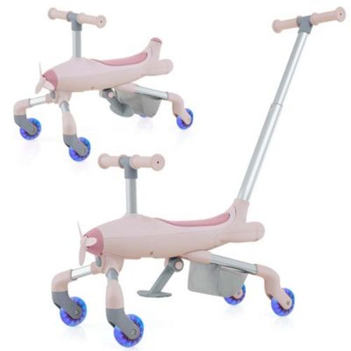 Costway 2-in-1 Kids Ride-on Push Car with LED Lighted Wheels Removable & Adjustable Handle Pink