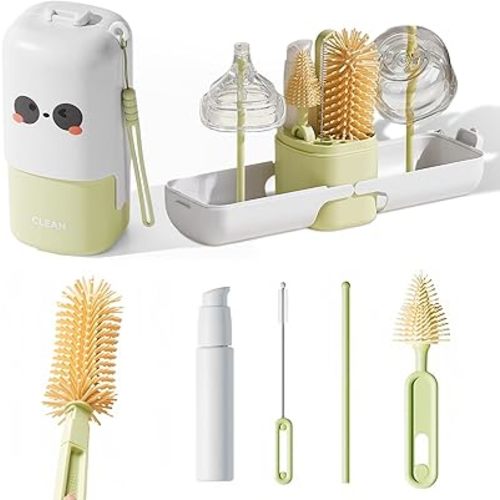 Baby Bottle Brush Set - Baby Bottle Cleaner Kit with Nipple Brush, Silicone Bottle Brush, Straw Cleaner Brush, Soap Dispenser, Bottle Drying Rack - 7 in 1 Bottle Cleaning Tool Set for Home and Travel
