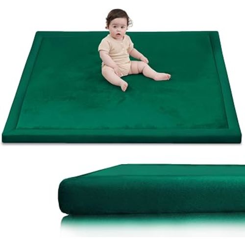 Baby Play Mat for Floor,1.3" Thick Memory Foam Tummy Time Mat,Soft Coral Velvet Nursery Rug,Extra Large Non Slip Crawling Mats for Living Room(Dark Green)