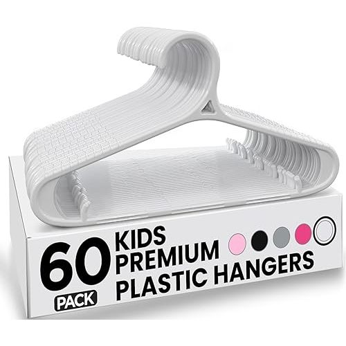 Utopia Home Kids Hangers 60 Pack - 11 Inch Plastic Baby Hangers for Closet - Childrens Hanger for Clothes & Infant Hanger for Closet - Non-Slip Shoulder Grooves, Strap Hooks & Pants Bar (White)