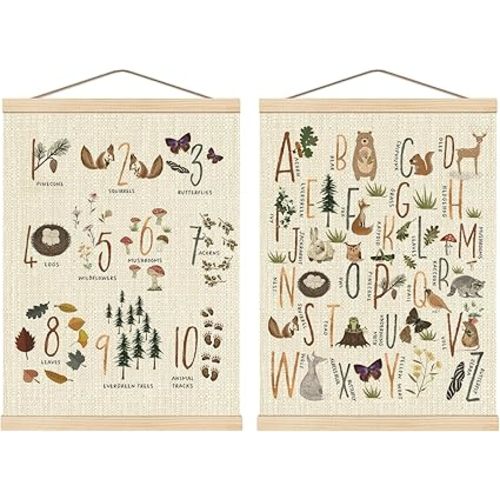 Boat Wades Numbers Animals Alphabet Poster Hanger Frame Set of 2, Forest Animal ABC 123 Educational Wall Art Hanging Banner Decor for Nursery Playroom Classroom Homeschool,12x16