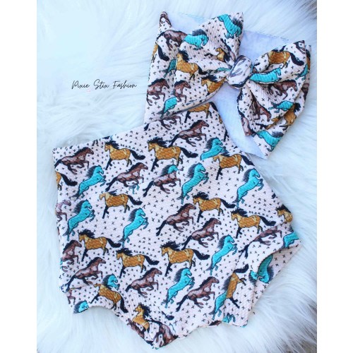 Mustang Horse Baby Bloomers/Baby Bummies/Wild Horse Shorts/ Shorties/First Birthday/Smash Cake/ Photo Prop/ Baby Girl Horse Outfit/Horse Bow