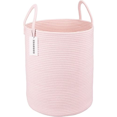 XUANGUO Cotton Rope Laundry Basket Hamper for Girls Kids Baby Nursery Pink