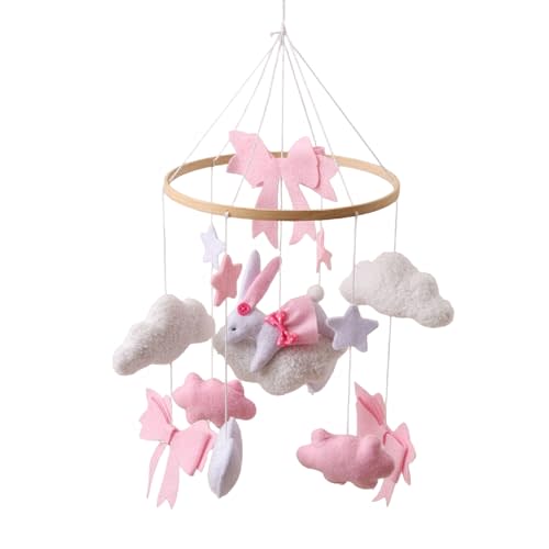 Cute Bunny Pink Bow Baby Girl Crib Mobile，Hand-Sewn Nursery Ceiling Mobile Toy,Easy to Install Soft Cotton Animal Charms Mobile for Crib for Bassinet