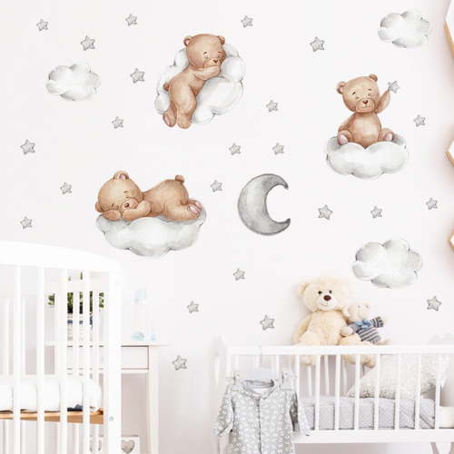 Bear Sleeping on The Moon Cloud Wall Decals, Baby Nursey Wall Stickers, Removable Star DIY Wall Sticker, Vinyl Mural Drcor Art for Kids Baby Nursery Bedroom Living Room Playroom