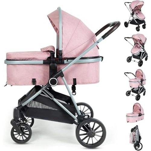 2-in-1 Baby Stroller with Bassinet Mode - Folding Infant Newborn Pram with Reversible Seat - for 0-36 Months Baby Girl Pink