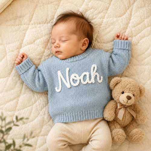 Hand Embroidered Baby Name Sweater, Personalized Baby Sweater with Name, Custom Knit Newborn Crewneck Sweater, Crochet Knitted Baby Jumper