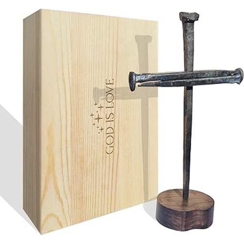 annrose Passion of Jesus Christ Crucifixion Nail Metal Cross,Jesus Christ Tabletop Crucifix,Ordination Gifts,Religious Gifts for Men Women,Gifts Gor Mom Christian (Solid Wood Base)