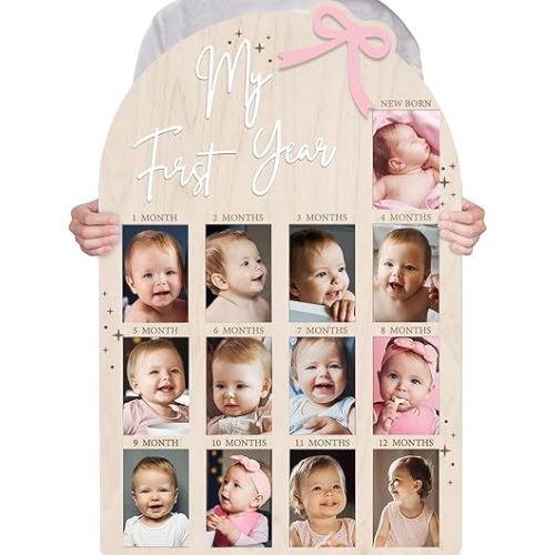 Bosctanuc Large My First Year Pink Bow Picture Frame for 33 x 22 Inch Wooden Photo Board ,12 Monthly Photo Display 1st Birthday Decorations Baby Gift for Newborn Keepsake,Baby Girl Picture Frame (Pink Bow, Wood, 33X22)