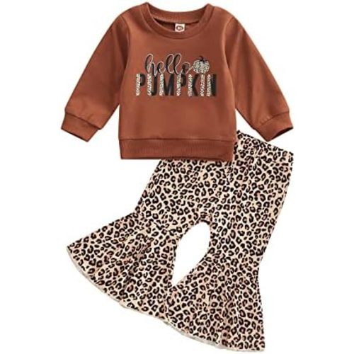 Madjtlqy Conjunto de ropa de Halloween para bebé niña con estampado de calabaza con estampado de calabaza, camiseta de manga larga + pantalones acampanados