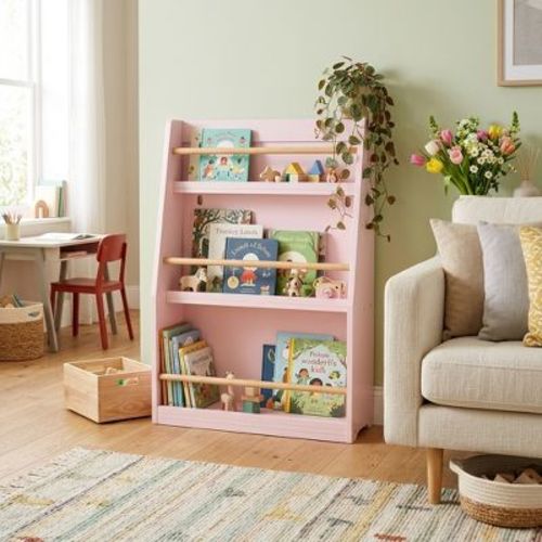 3‑Tier Kids Front‑Facing Bookshelf, Toddler Book Display Rack with Wooden Anti‑Fall Rails, Children Book Organizer for Playroom Nursery Bedroom, Pink