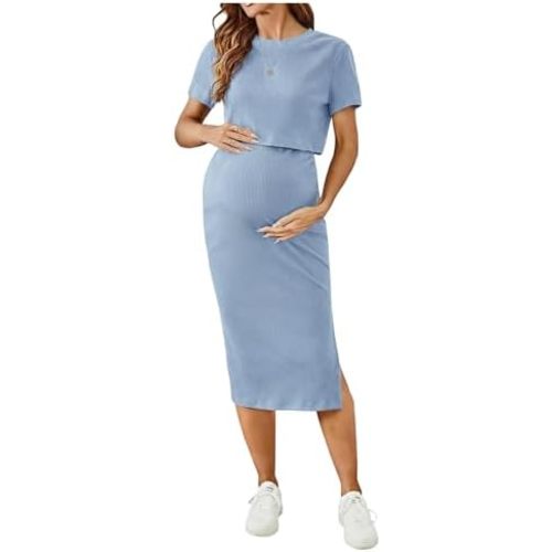 SHENHE Women's Maternity Ribbed 2 Piece Outfits Short Sleeve Crop Top Bodycon Slit Midi Skirt Set