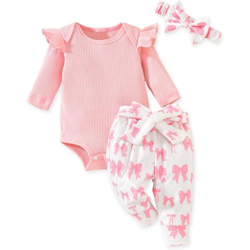 Aalizzwell Preemie Newborn Infant Baby Girls Clothes Ribbed Romper Bodysuit Pants Set Fall Winter Outfits