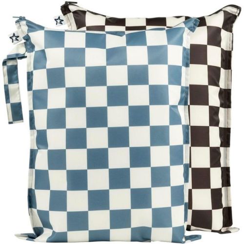Tiny Twinkle Mess-Proof Waterproof Washable Baby/Toddler Wet Bags for Diapers, Swimsuits and Travel (Blue, Black Checkers)