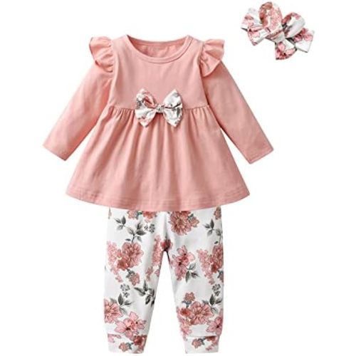 3PCS Baby Girl Clothes Ruffle Floral Shirt Tops Pants Headband Outfit Sets