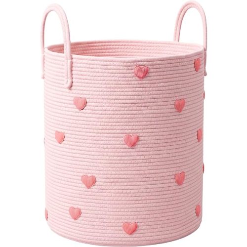 RattanView Pink Heart Cotton Rope Basket Hamper for Girls Kids Nursery