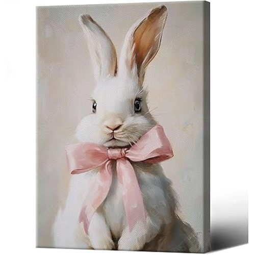 Trendy Rabbit Pink Bow Nursery Art Poster Animal Wall Art Coquette Art Preppy Girl Room Decor Aesthetic 24X36 in Unframed