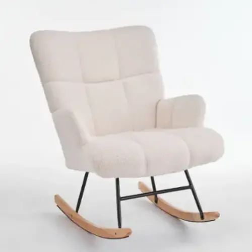 FERPIT - Teddy Upholstered Wingback Rocking Accent Chair with Rubberwood Legs - White