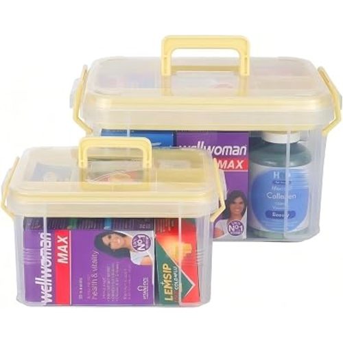 Set of 2 Medicine Organizer - Plastic Storage Box with Handle Yellow