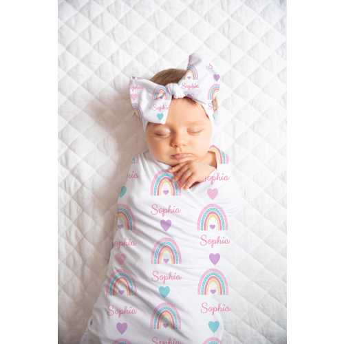 Personalized Rainbow Baby Girl Blanket | Swaddle Set | Bow Knot Hat or Beanie Cap | Baby Shower Gift | Photo Prop | Come Home Outfit