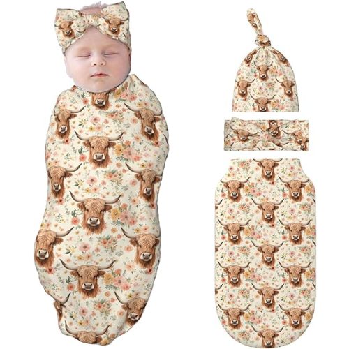 Cow Swaddle Blankets Newborn Receiving Blanket Baby Swaddle Wrap with Headband Hat Set for Baby Girls Boys