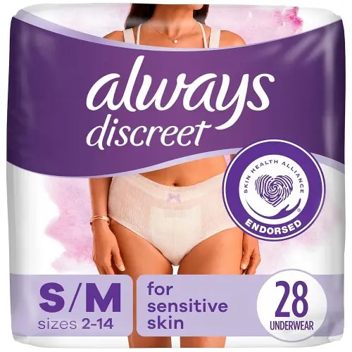 Always Discreet for Sensitive Skin Underwear, Four Times Skin Protection, Dermatologically Tested, Fragrance-Free, Maximum Absorbency, Small/Medium, 28 Count