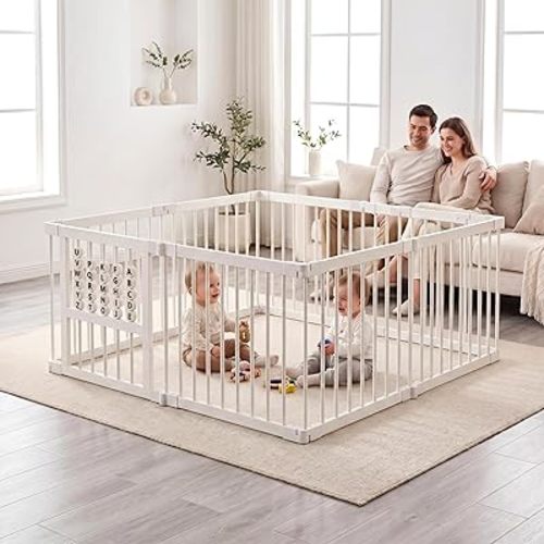 Bamboo Baby Playpen 64x64x26-8 Panel Adjustable Multi-Shape Large Play Yard for Toddlers with Locking Gate Portable Collapsible Activity Center with Baby Fence Play Area & Toys for Infants White