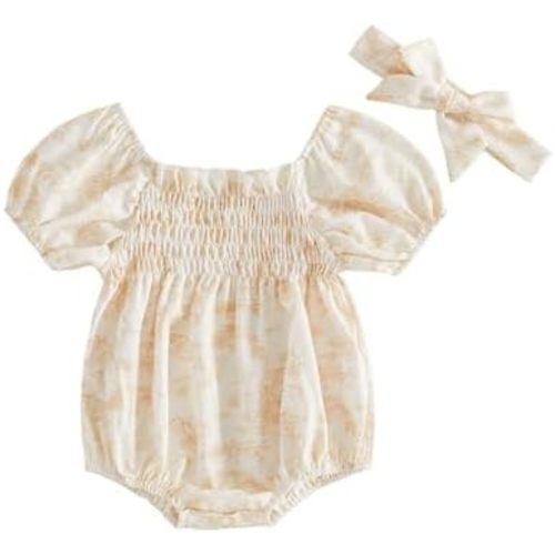 Infant Baby Girls Romper Floral Ruffle Sleeve Pleated Smocked Bubble One Piece Ruched Jumpsuit Summer Bodysuit