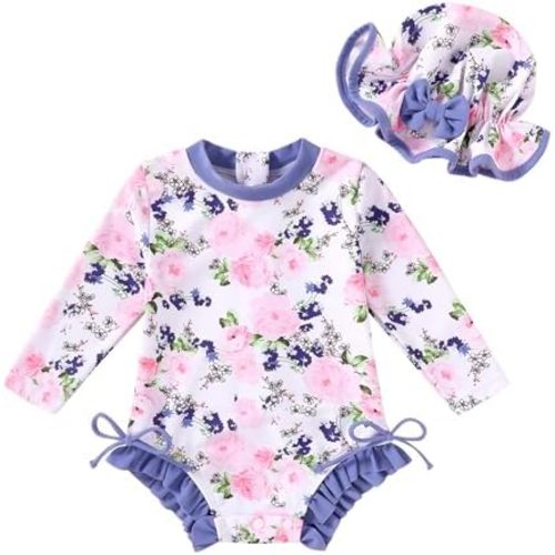Infant Baby Swimsuit Girl Long Sleeve UPF 50+ Sun Protection One-Piece Rash Guard with Hat Zipper Bathing Suit