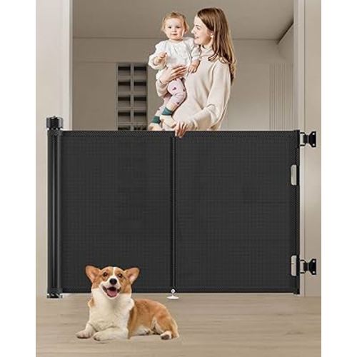 59 inch Retractable Baby Gates 34 inch Tall, Retractable Gate with Reinforced Strip Design to Prevent Crawling Through, 5 FT Retractable Dog Gate for Stairs, Doorways, Hallways, Indoor/Outdoor