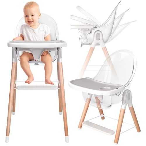 Children of Design 6 in 1 Deluxe Wooden High Chair for Babies & Toddlers, Modern Safe & Compact Baby Highchair, Easy to Clean & Assemble, Removable Tray, 6 Options 3 Seat Positions 2 Heights (Clear)