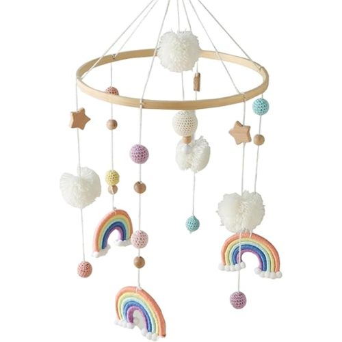Crib Mobile 9x19in Rainbow, Star, Pompom & Crochet Ball Mobile for Bassinet with Bamboo Holder Ring to Attract Baby's Attention, Promote Eye/Foot/Hand Development
