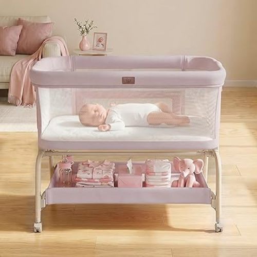 Baby Bassinet Bedside Crib, 3-in-1 Baby Bassinet Bedside Sleeper with Mattress and Soft, Breathable Sheet, Full-Mesh Sides, 6-Height Adjustable, Stable and Secure Crib for Newborns