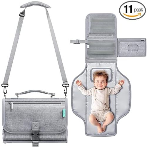 Portable Diaper Changing Pad with Shoulder Strap, Detachable Travel Changing Pad with Baby Wipes Pocket, Gifts for Baby Shower, Newborn Girls and Boys (Austere Grey)