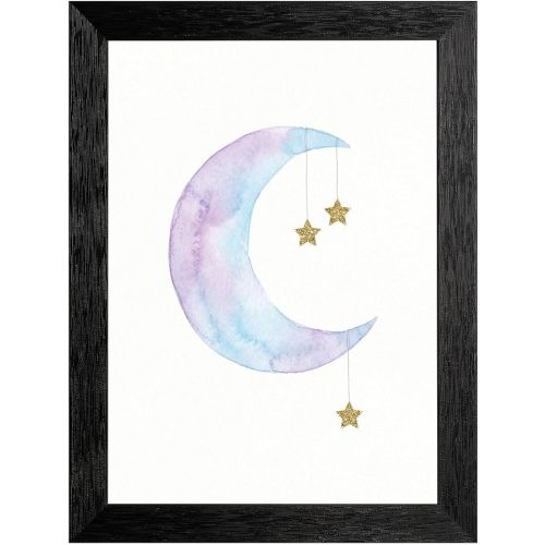 Framed Canvas Wall Art Whimsical Nursery Illustration Lavender and Blue Watercolor Crescent Moon Gold Glitter Stars Canvas Print Poster Black Frame Wall Decor for 12x16 Inch