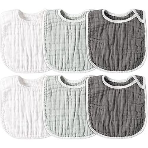 Zainpe 6Pcs Snap Muslin Cotton Baby Bibs White Grey Infants Drooling Bib Soft & Absorbent Adjustable Unisex Burp Cloths Feeding Cloth for Toddlers Girls Boys Newborns Eating Teething 0 to 24 Months