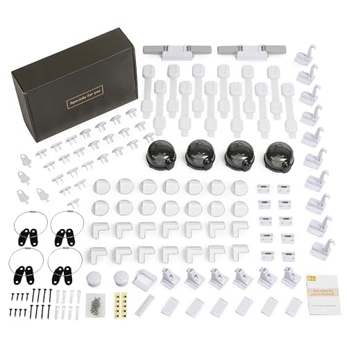 Baitiny Baby Proof Kit, 112 Packs Baby Proofing Essentials Set - Magnetic Cabinet Locks, Corner Guards, Outlet Plug, Furniture Straps, Door Lever Lock - Child Safety Kit for Cabinets, Stove, Furniture