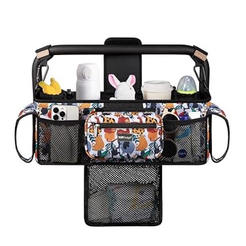 TOPDesign Universal Baby Stroller Organizer, Double Stroller Caddy with Detachable Mesh Bag & Heightened Insulated Cup Holders & Non-Slip Secure Hooks Accessories, Fits Most Strollers (Checkerboard)