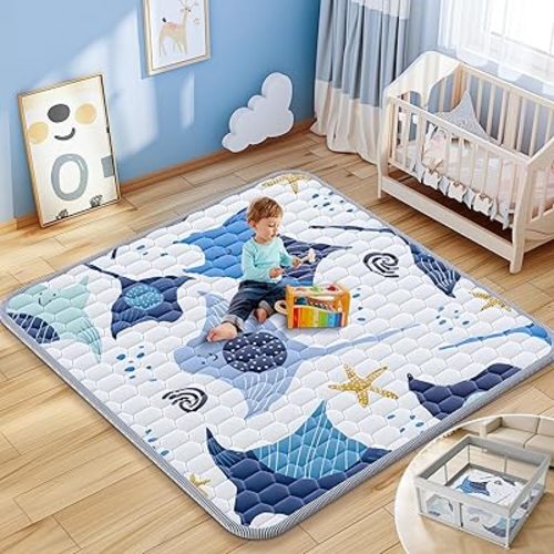 Omzer Baby Play Mat, 50x50 Inch Thick & Soft Cushioned Playmat for Playpen, Non-Slip Floor Mat for Crawling Infants & Toddlers with Safety Silicone Backing, Machine Washable - Blue