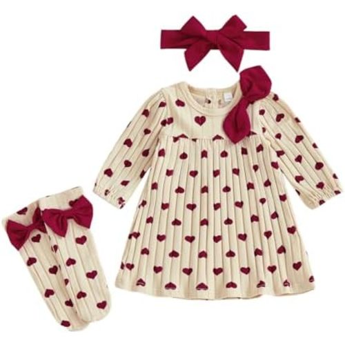 Newborn Baby Girl Valentines Day Outfit Long Sleeve Heart Ribbed Dress My First Valentines Day Outfit 2Pcs Clothes