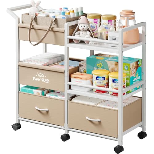 Twinkoo Baby Diaper Caddy Organizer, 3 Tier Rolling Storage Cart with Dividers and Drawers, Bedside Utility Cart for Nursery Essentials, Large Capacity Mobile Storage Cart for Crib, Bedroom